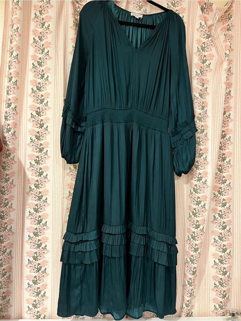 EVEREVE Layla Satin Pleated Midi Dress Hunter Green XL